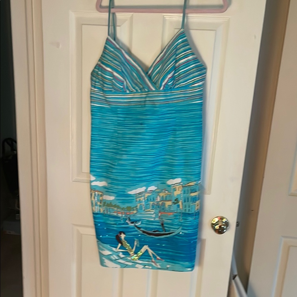 Blue Striped Sundress with Scenic Print